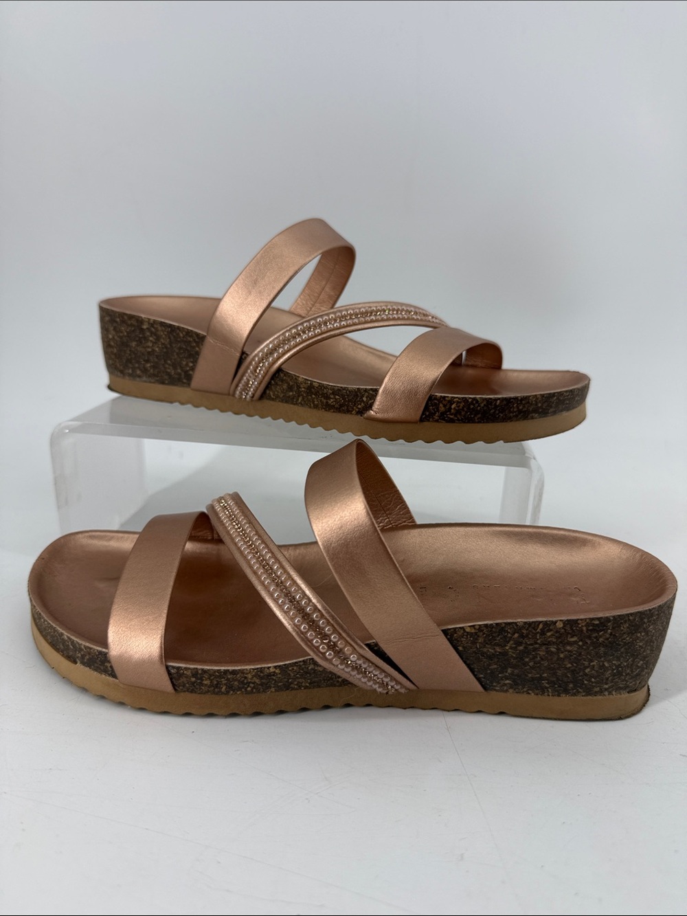 Women's Rose Gold Slide Sandals with Cork Wedge
